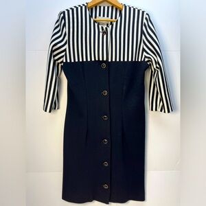 Miss Dorby’s 80s Black White Striped Fitted Long Sleeve Party Dress Sz 10